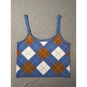 Willow & Wind Argyle Knit Tank Top Blue Brown White Women XL Academia Y2K Preppy